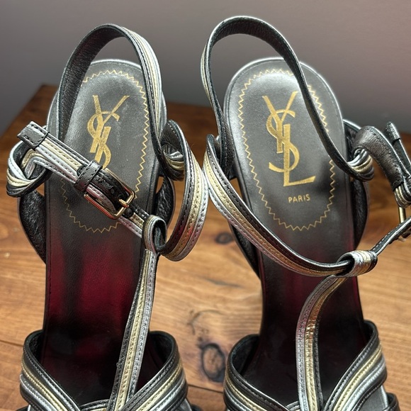 Yves Saint Laurent | Leather Metallic Silver and Gold Tribute Platform Sandals - Picture 7 of 15
